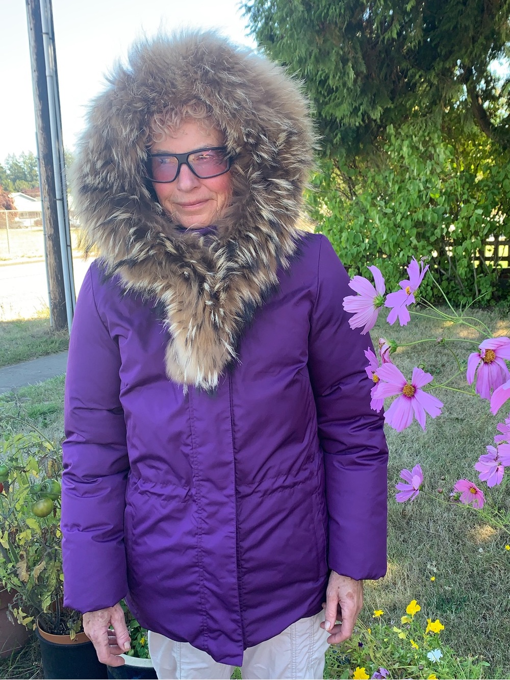 Women's Purple Hooded Puffer Coat with Faux-Fur Trim